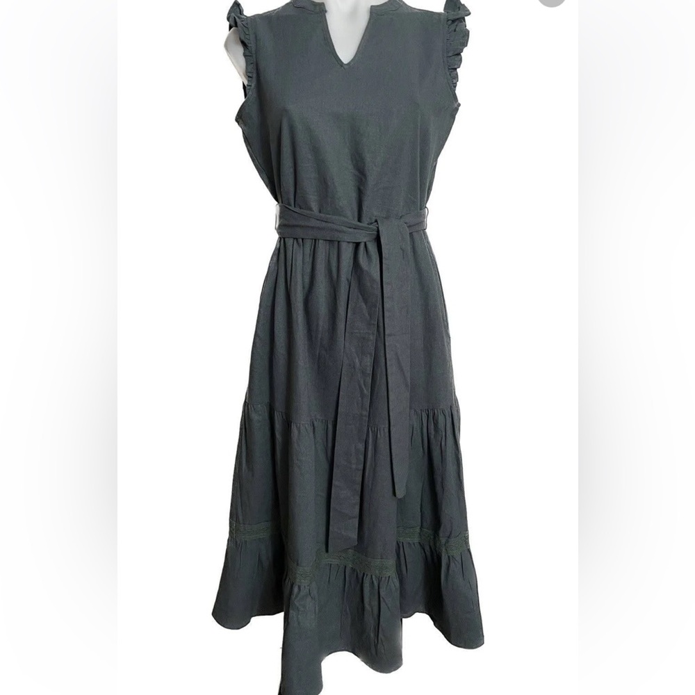 Adyson Parker Women's Linen Blend Tiered Ruffle Pockets Midi Dress